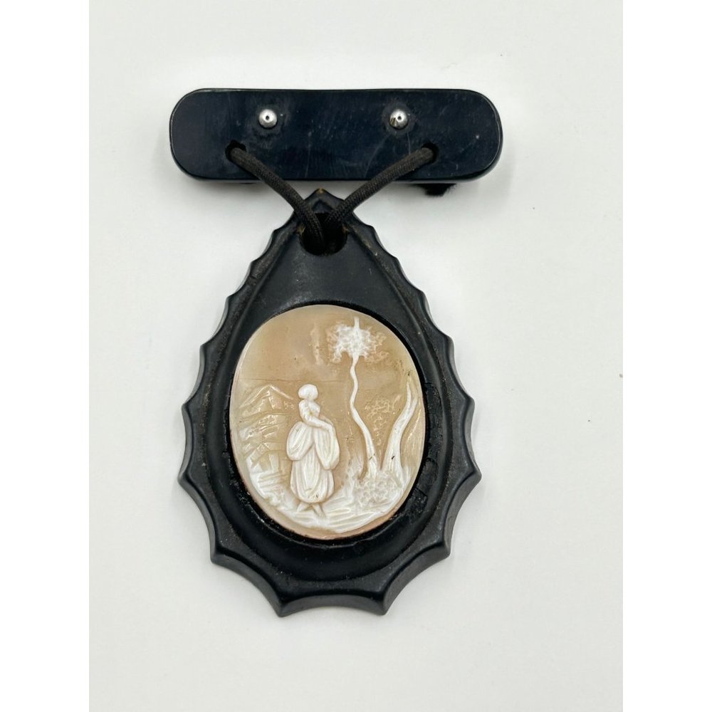 Antique Mourning Brooch Pin Dangle Genuine Carved Shell Cameo Black Drop Shaped - Picture 3 of 9